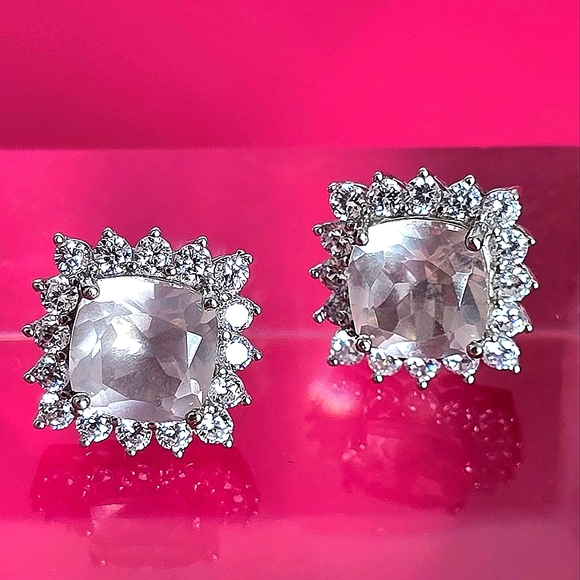 Natural Rose Quartz & CZ 925 Sterling Silver  Earrings - Picture 5 of 9